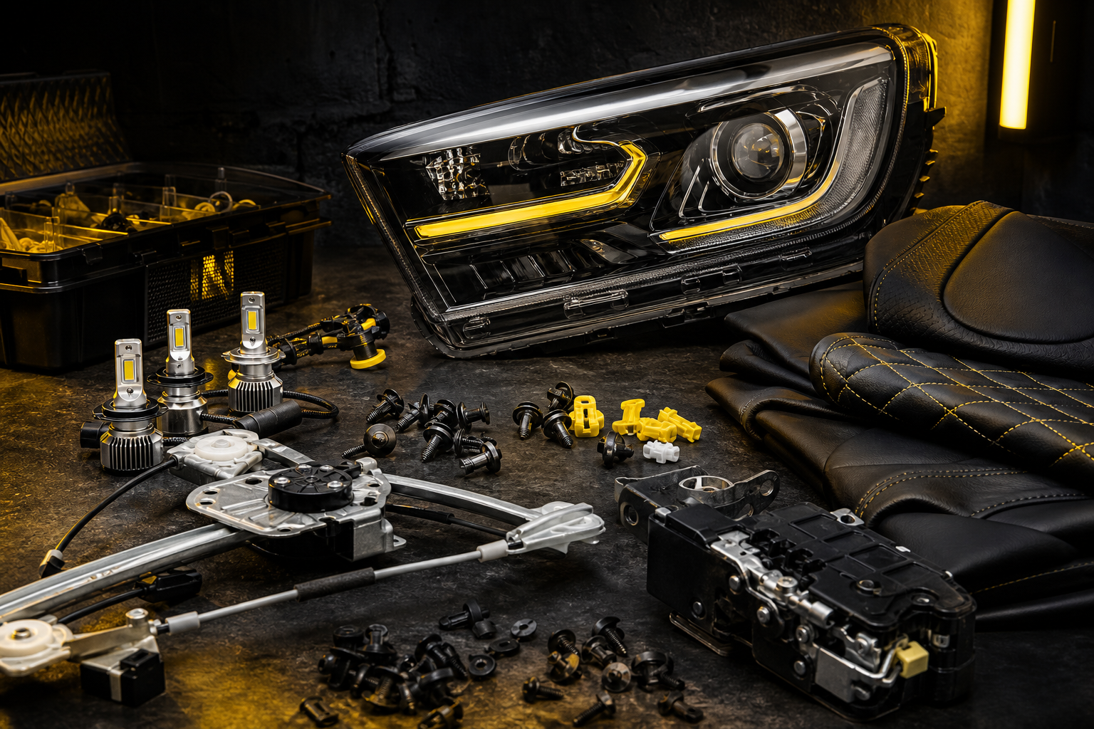 Faros, lámparas LED, clips, cerrajería y accesorios para automóviles